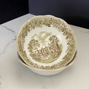 SET of 2 Cereal Bowls - Chequers Romantic England Green Ironstone - J&G Meakin